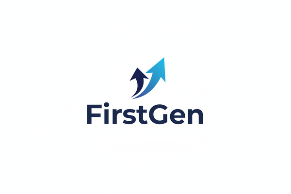 Logotipo de FirstGen con una flecha azul sobre fondo blanco